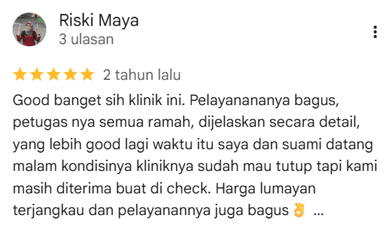 Screenshot ulasan Google oleh Riski Maya tentang Sanafa Dental Clinic