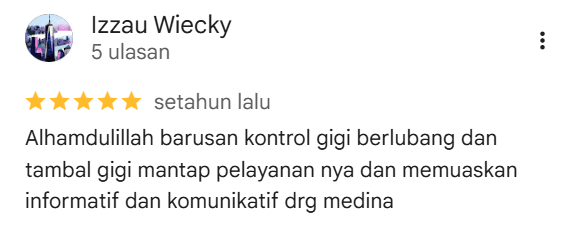 Screenshot ulasan Google oleh Izzau Wiecky tentang Sanafa Dental Clinic