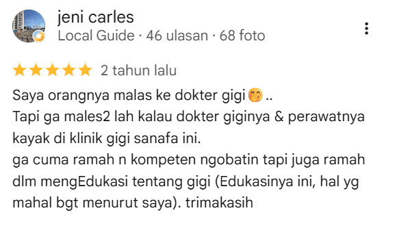 Screenshot ulasan Google oleh jeni carles tentang Sanafa Dental Clinic