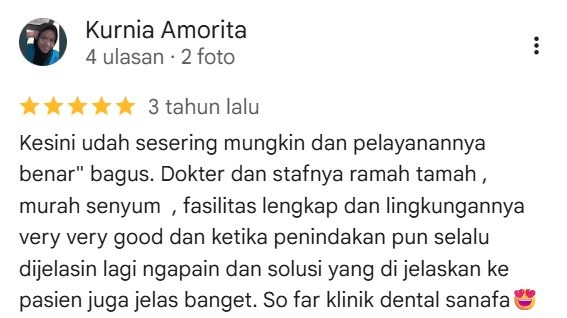 Screenshot ulasan Google oleh Kurnia Amorita tentang Sanafa Dental Clinic
