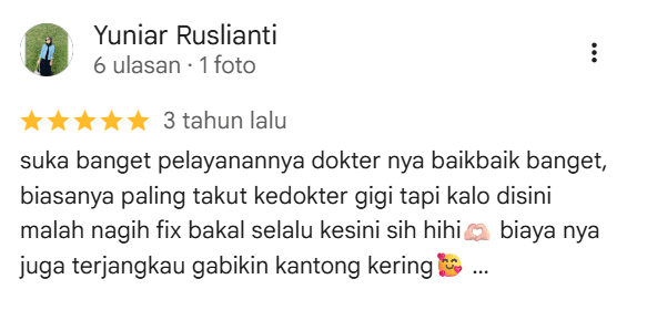 Screenshot ulasan Google oleh Yuniar Ruslianti tentang Sanafa Dental Clinic