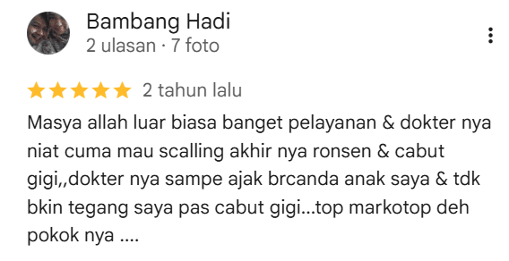 Screenshot ulasan Google oleh Bambang Hadi tentang Sanafa Dental Clinic