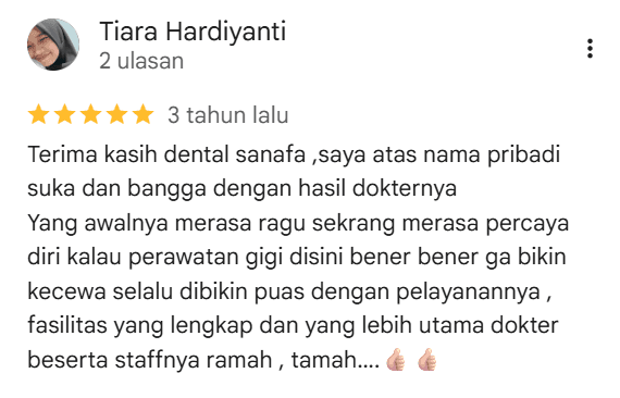 Screenshot ulasan Google oleh Tiara Hardiyanti tentang Sanafa Dental Clinic