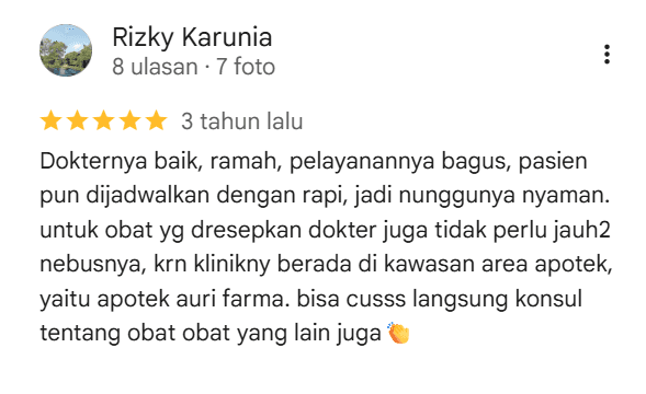 Screenshot ulasan Google oleh Rizky Karunia tentang Sanafa Dental Clinic